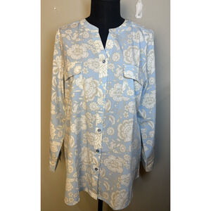NWT Denim & Co. Tunic Top Blue White Floral Large Coastal